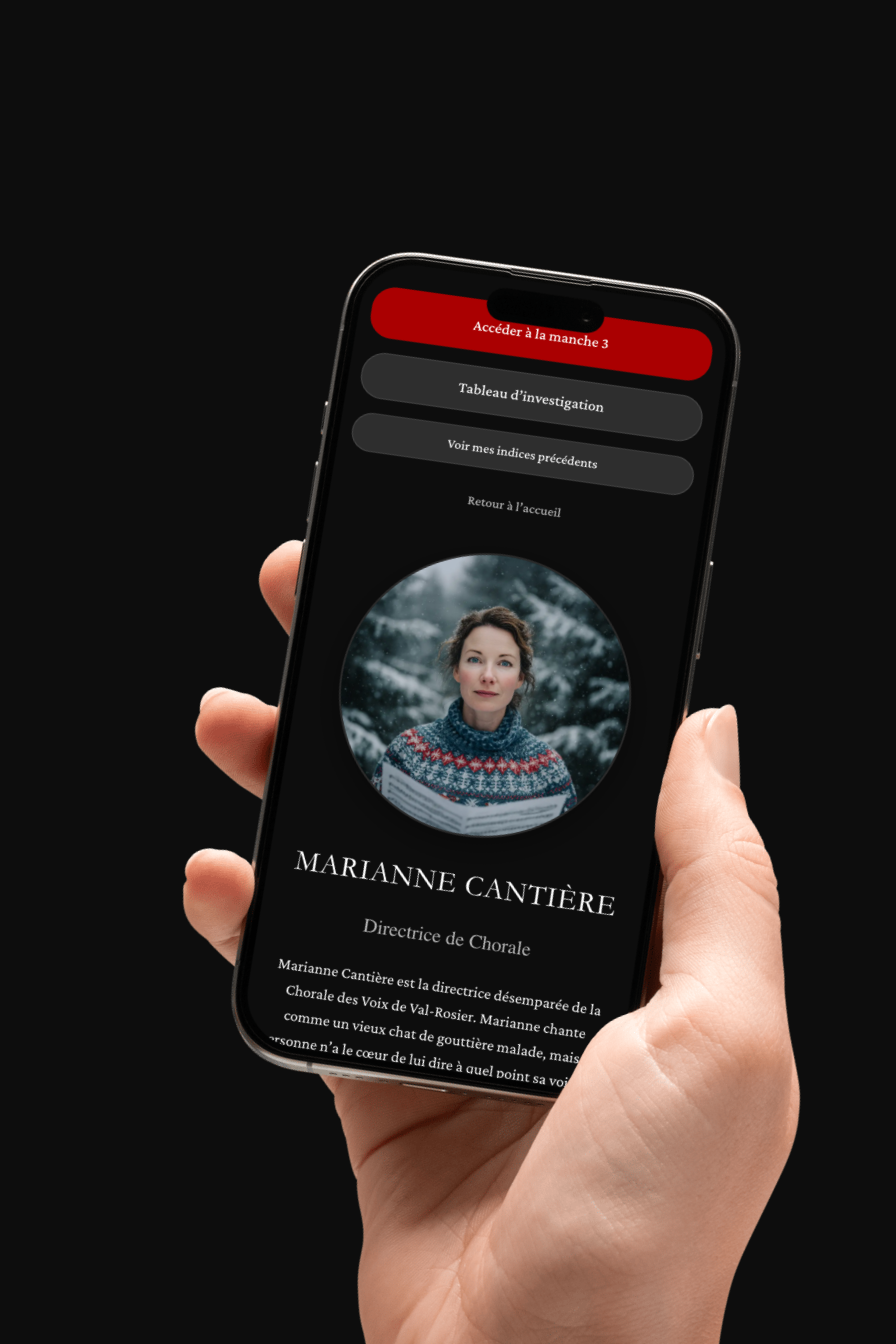 Application murder party – fiche personnage Secret des Flocons Rouges sur smartphone