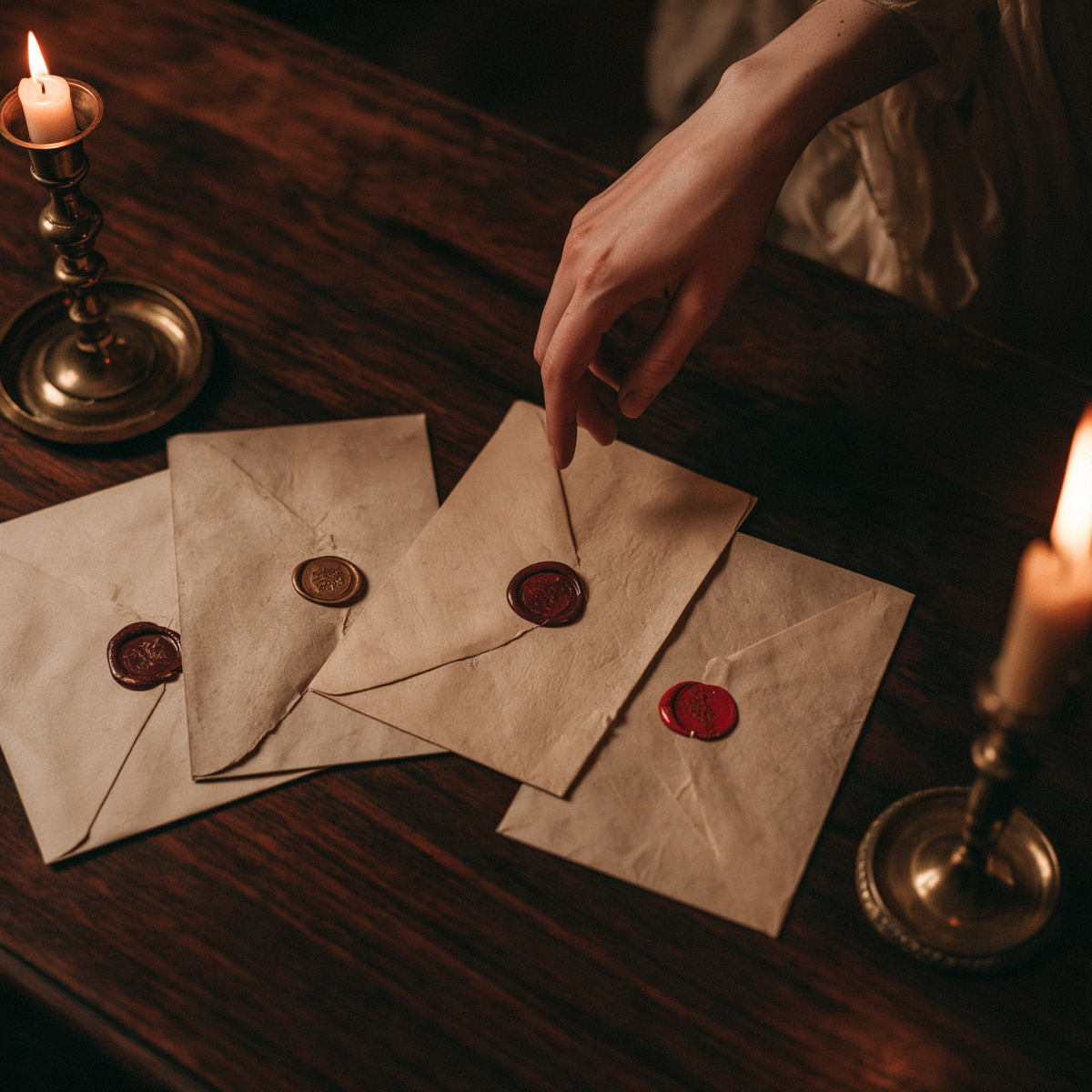 Quatre enveloppes scellées à la cire sur une table en bois, une main s’apprête à en choisir une