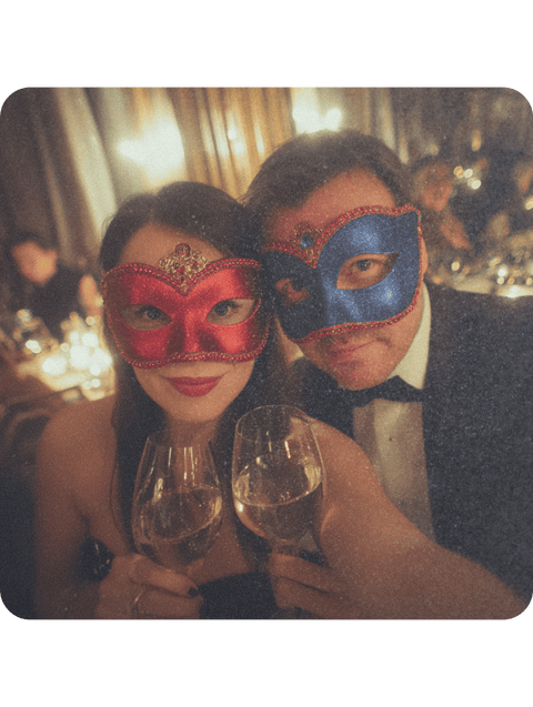 Couple masqué trinquant lors d’un dîner aux chandelles