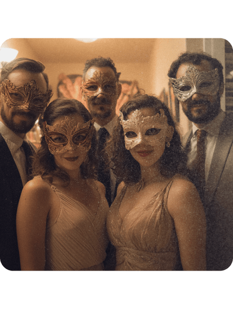 Invités en tenue de soirée portant des masques vénitiens dorés