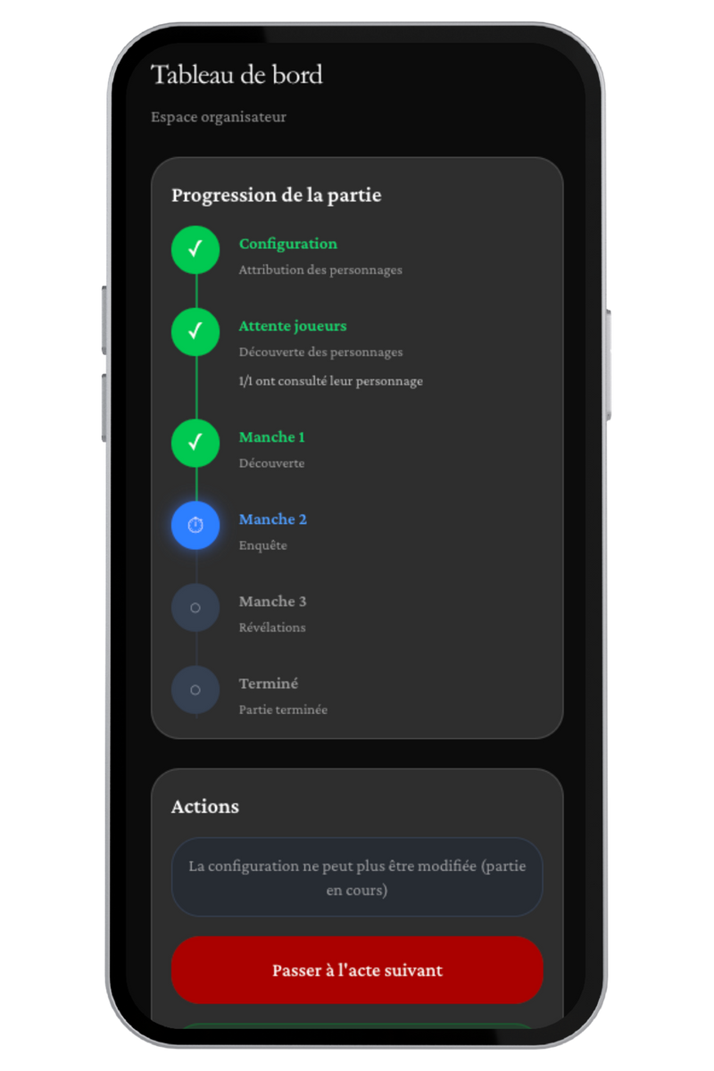Écran de l'application : la progression de la partie dans l'espace organisateur, de la configuration à la dernière manche.