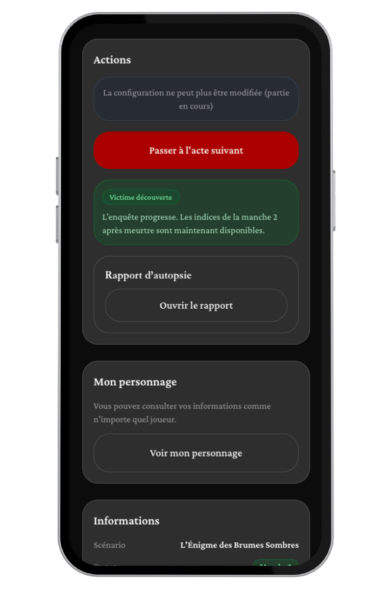 Écran de l'application : les indices de la manche en cours viennent d'être débloqués, avec l'accès au rapport d'autopsie.