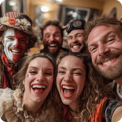 Joueurs costumés et maquillés en plein éclat de rire