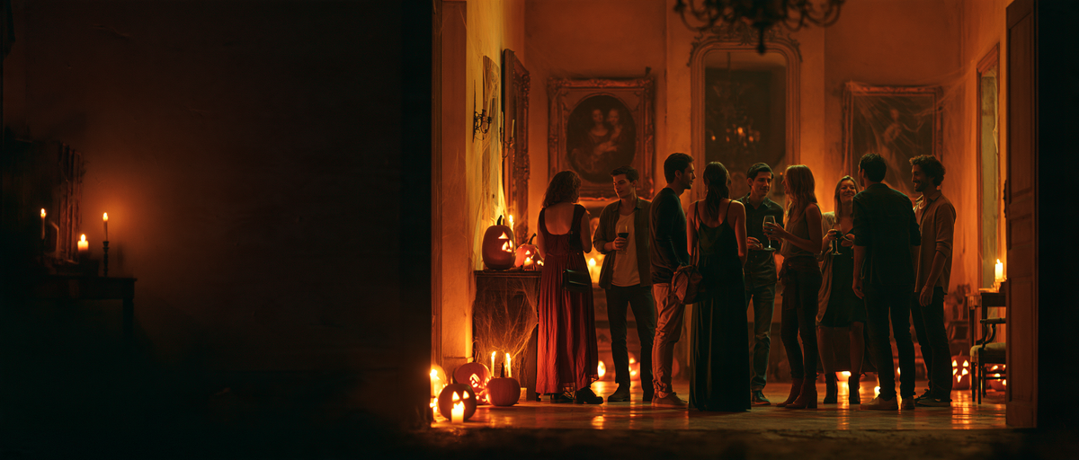 Amis discutant dans un manoir décoré pour Halloween, avec citrouilles et bougies