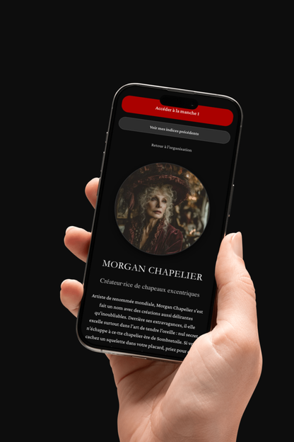 Application murder party – fiche personnage Engime Brumes Sombres sur smartphone