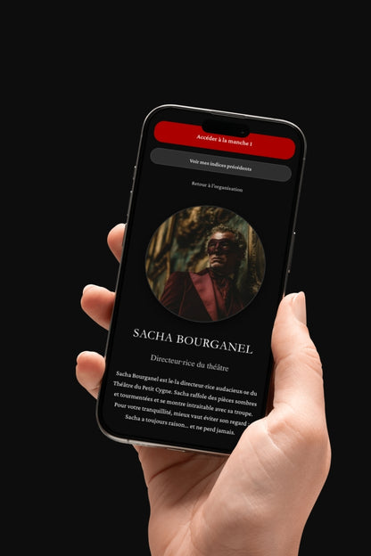Application murder party – fiche personnage Ombre du Bal Masqué sur smartphone